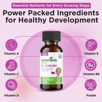 Wellements Organic Baby Multivitamin Drops (1 Fl Oz) - Cherry Flavor Liquid Multivitamins for Infants & Toddlers (2 Months+) WellementsBuy Supplements Australia