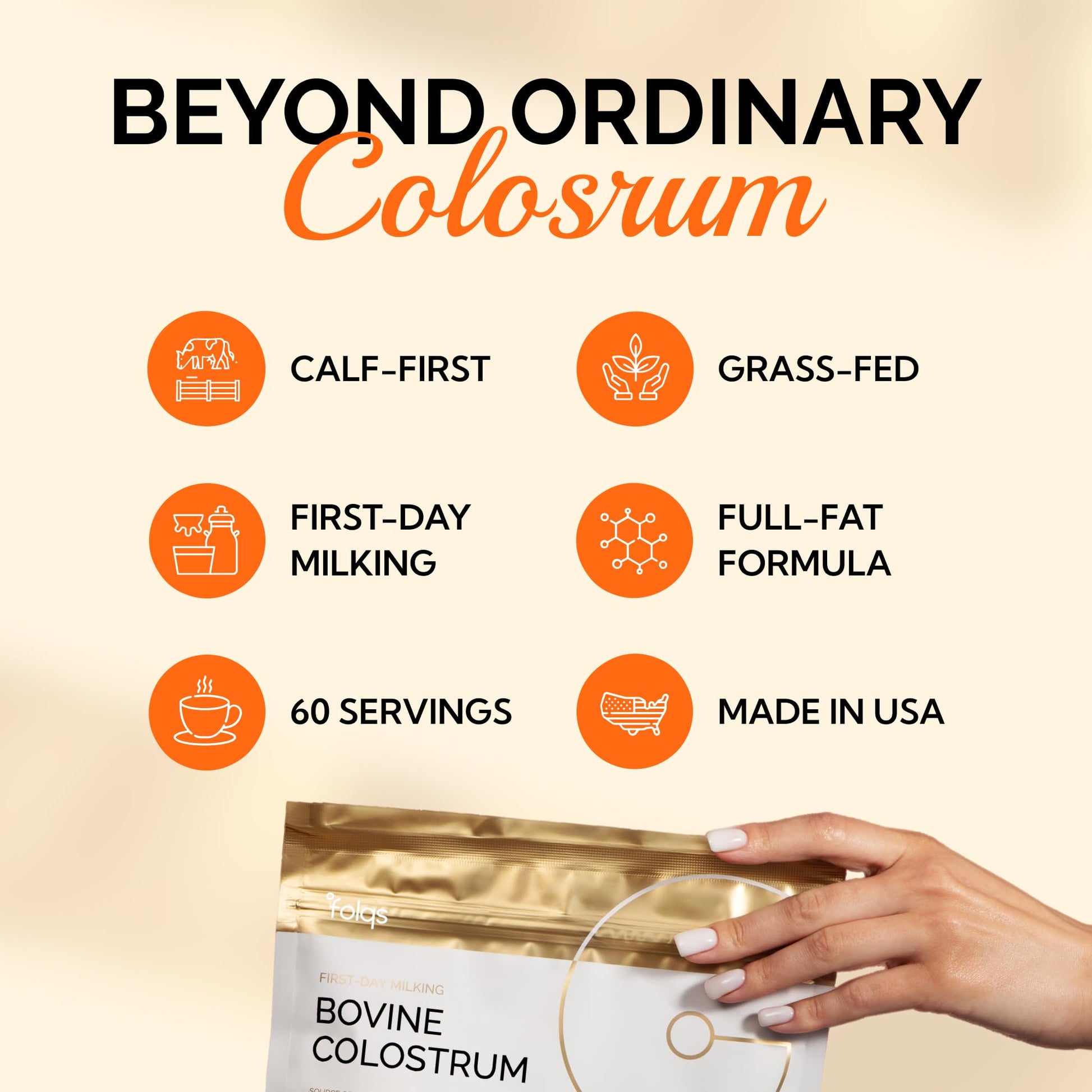 Folqs Bovine Colostrum Powder – First-Day Milking for Immune & Gut Support – 60 Servings – Supports Skin & Tissue Health – Made in USA - Amino Acids, Vitamins, Minerals – Kosher - Sustainably Sourced FolqsBuy Supplements Australia