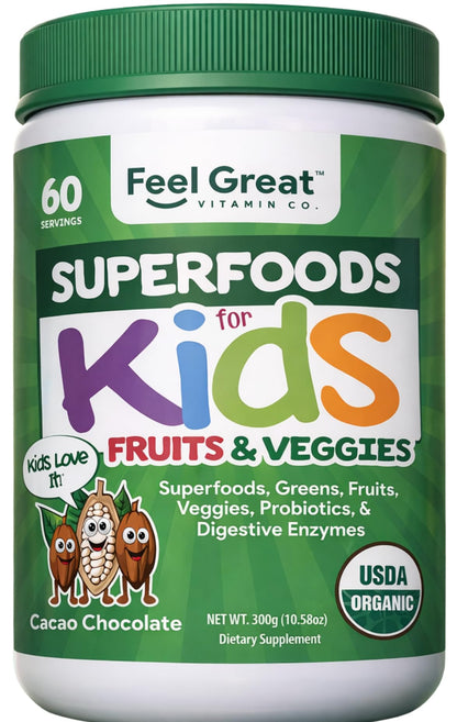 Feel Great USDA Organic Super Greens Powder for Kids - Cocao Chocolate | Fruit & Veggie Supplement | Superfood Powder with Probiotics & Digestive Enzymes for Digestive Health | 60 Days Supply The Feel Great Vitamin CompanyBuy Supplements Australia