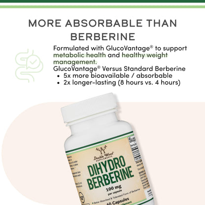 Dihydroberberine Supplement 100mg, 60 Capsules (Patented GlucoVantage Super