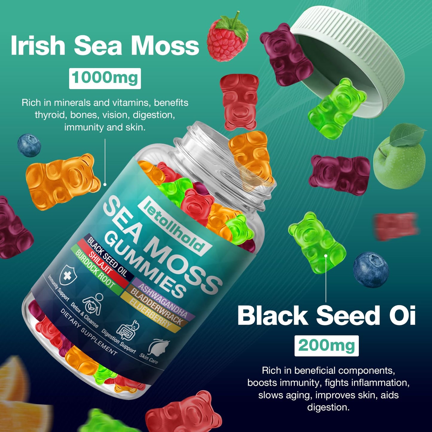 Sea Moss Gummies - Irish Sea Moss Gummies Advanced for Adults with Ashwagandha Bladderwrack & Burdock Root for Supports Immune，Energy - 60 Vegan Gummy,2PCS letollholdBuy Supplements Australia