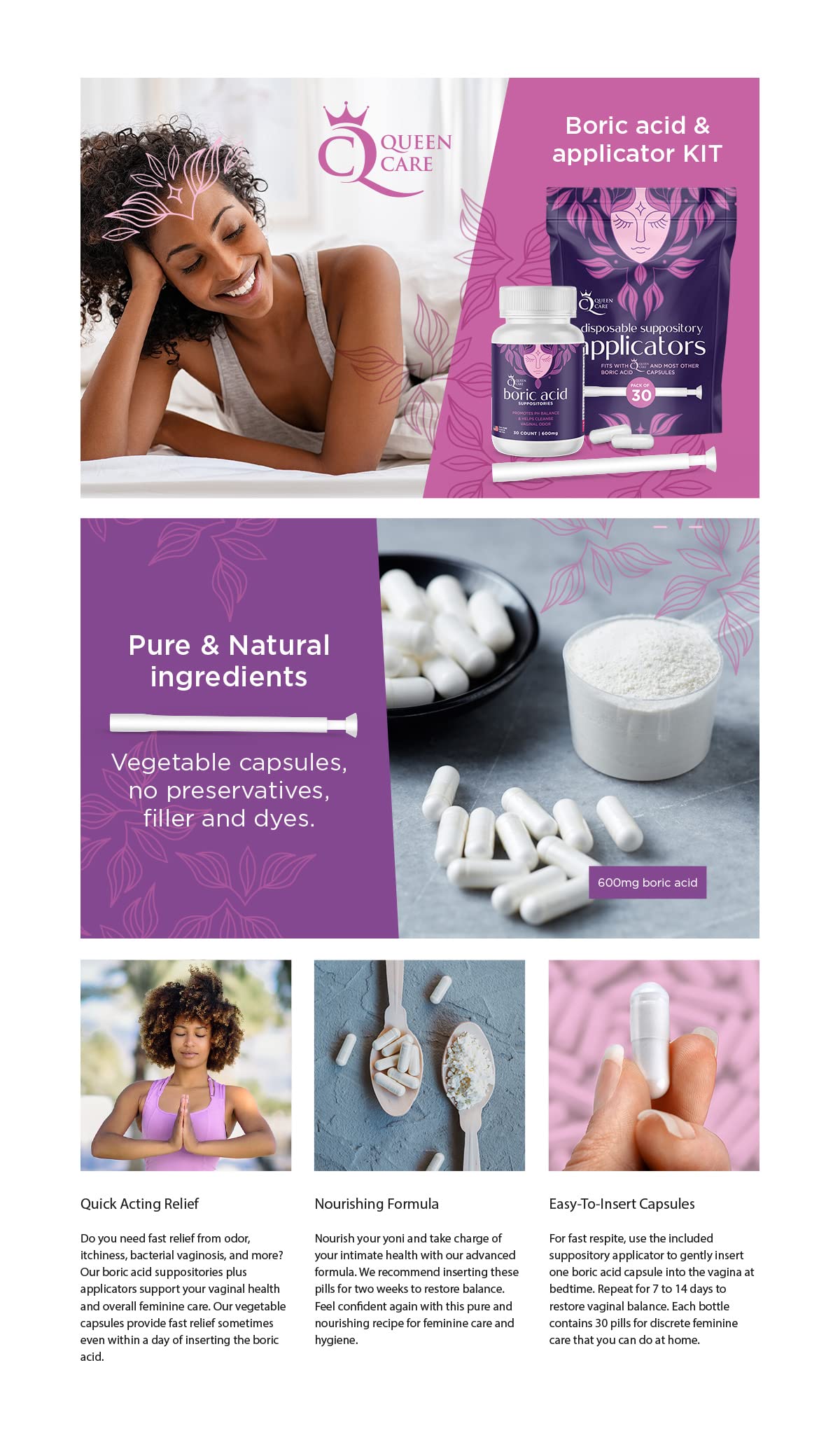 Queen Care - Boric Acid Suppositories & Applicators, Complete Feminine Care, PH Balance for Women Queen CareBuy Supplements Australia