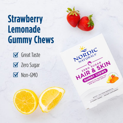 Nordic Naturals Zero Sugar Hair & Skin Gummy Chews, Strawberry Lemonade - 27 Gummy Chews - Biotin + GLA from Borage Oil - Promotes Healthy Balance of Fats in Skin - Non-GMO - 27 Servings Nordic NaturalsBuy Supplements Australia