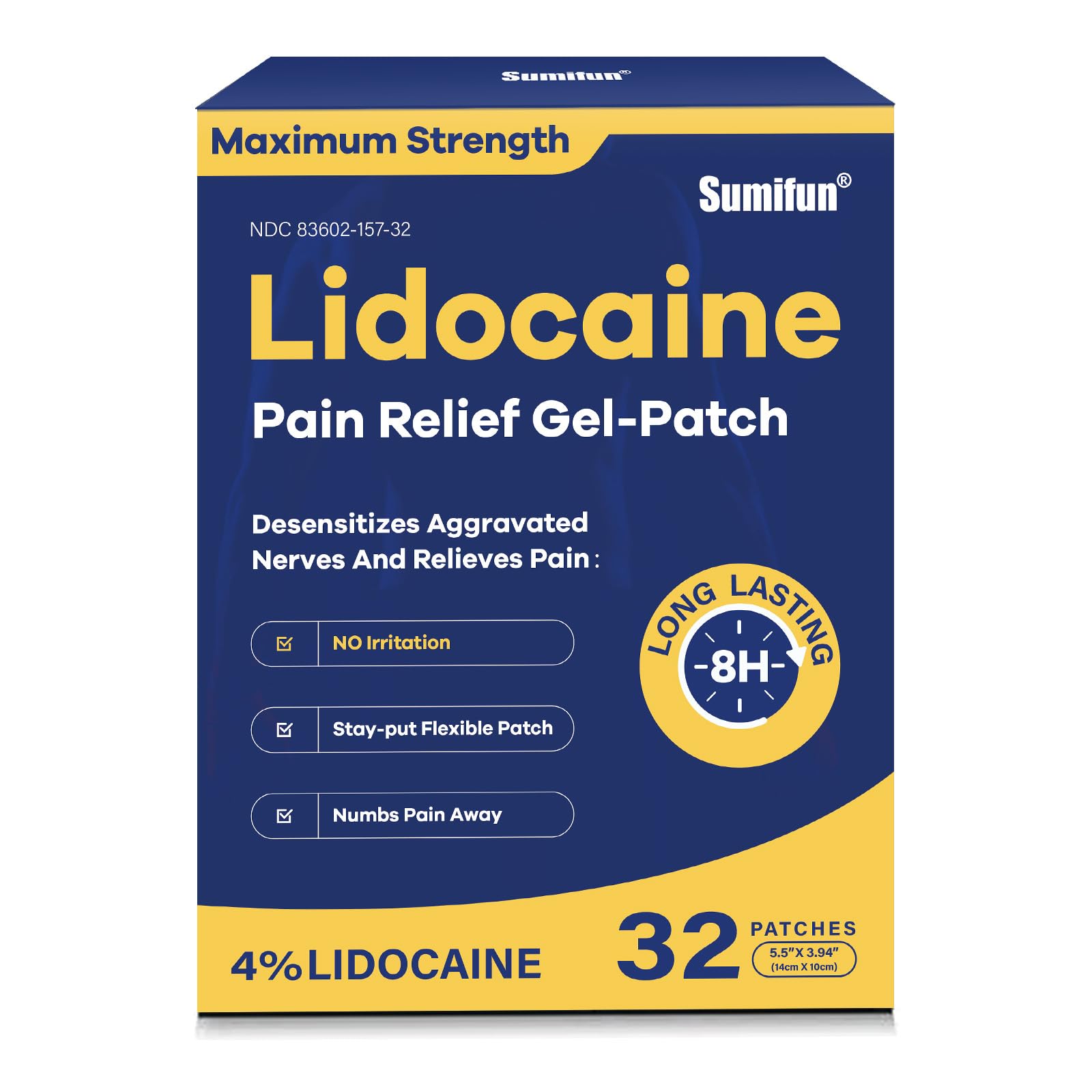 Sumifun 4% Lidocaine Patches Maximum Strength- Pain Relieving Gel Patch for Back, Shoulder, Muscle, Knee Pain Relief,Neck & Joint Pains-Numbs Away Pain, Apply for Up to 8 Hours (Large, Count, 32) SumifunBuy Supplements Australia