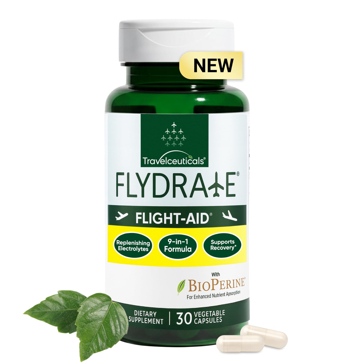 Flight-Aid | Replenishing Electrolyte Hydration Capsules Made for Travel, Jet Lag, Fatigue & Recovery | 9-in-1 Formula with Essential Electrolytes, Vitamins, Minerals & Bioperine® | 30 Capsules FlydrateBuy Supplements Australia