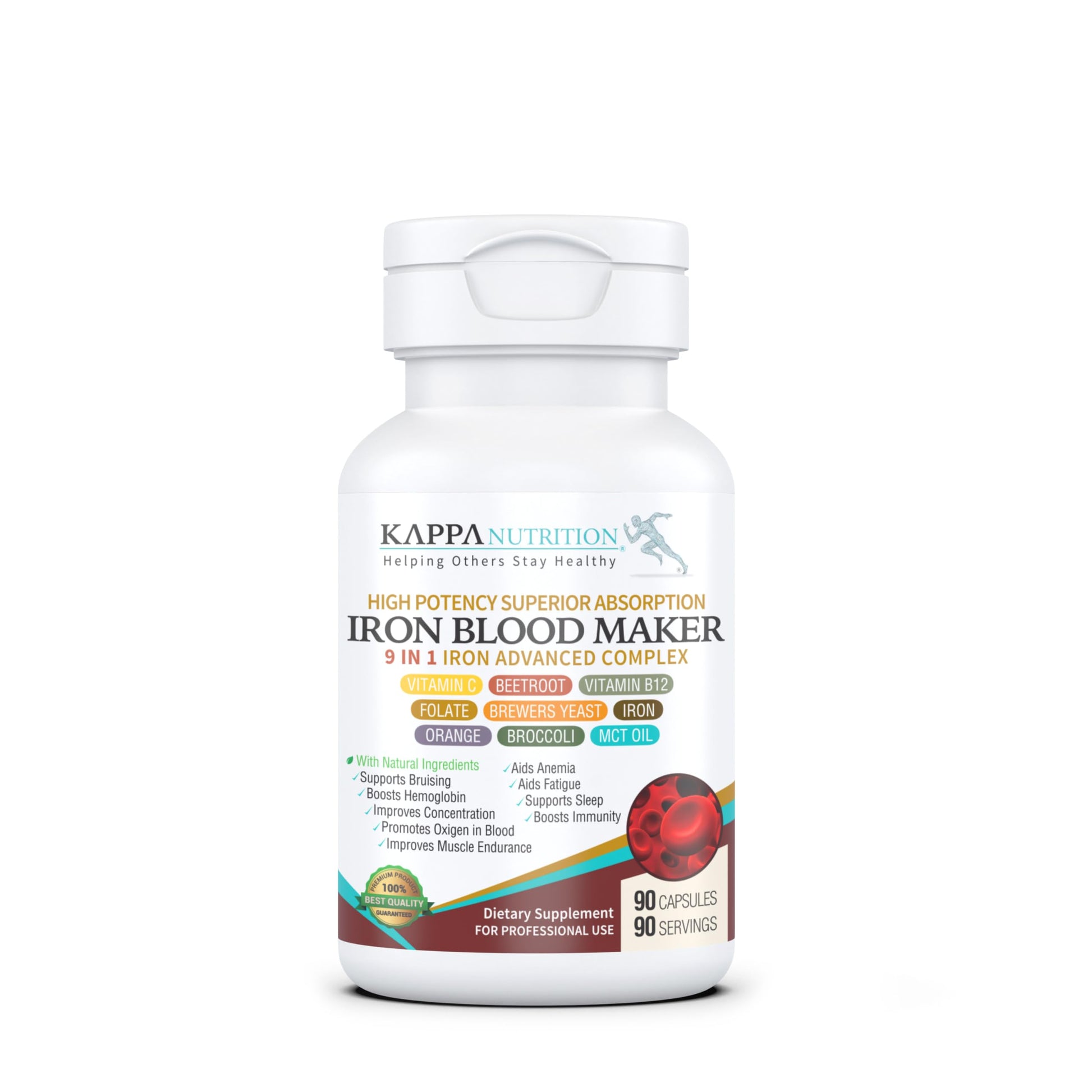 KAPPA NUTRITION Iron 26mg, Vitamin C & Orange 150mg, Folate 667mcg DFE, Vitamin B12, Beetroot, Brewers Yeast, Broccoli & MCT Oil 9 in 1 Advanced Complex (90 Capsules) KAPPA NUTRITIONBuy Supplements Australia