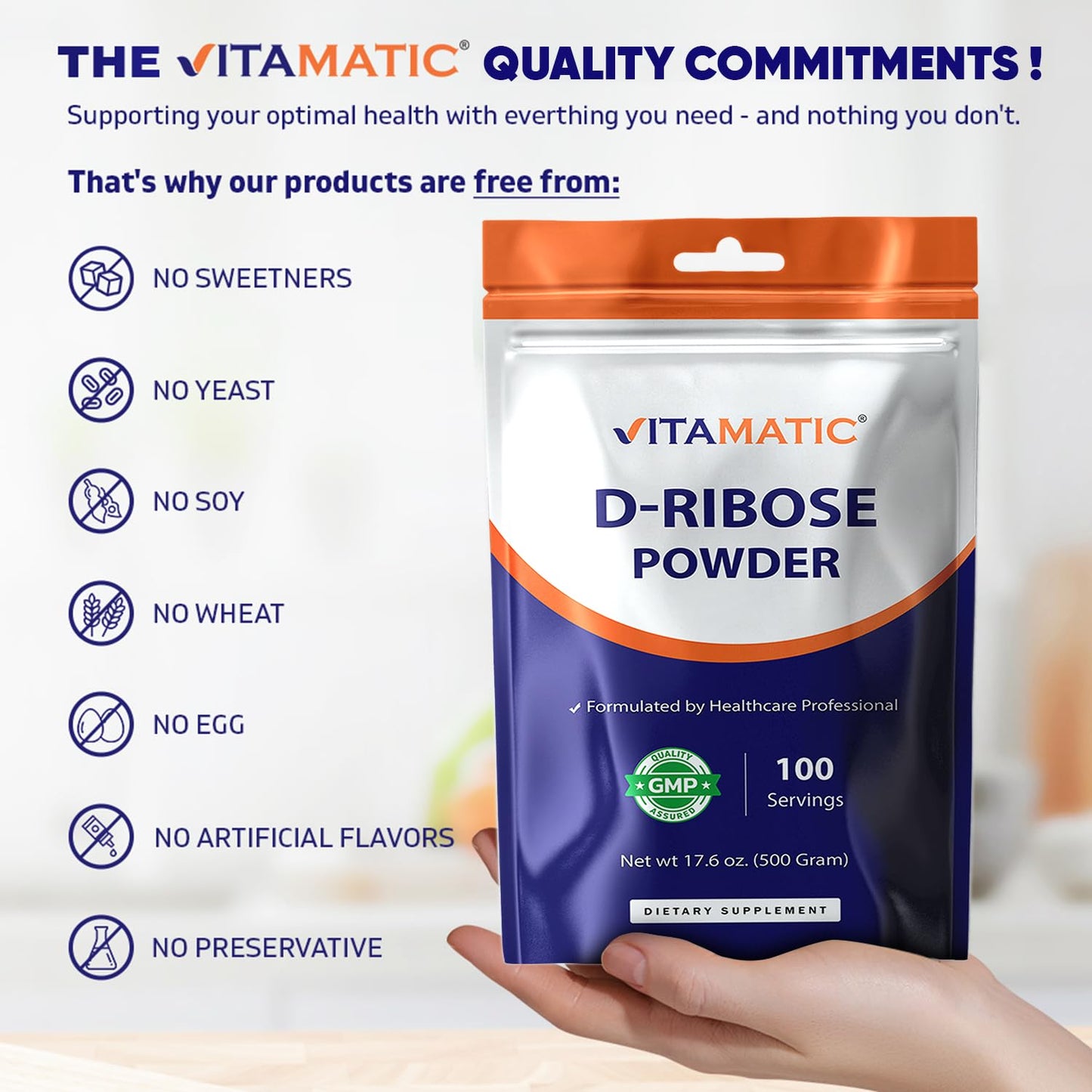 Vitamatic D-Ribose Powder 500g - 17.6 OZ (500 Gram) | Pure & Unflavored | Non-GMO | Easy-Mix Dietary Supplement VitamaticBuy Supplements Australia