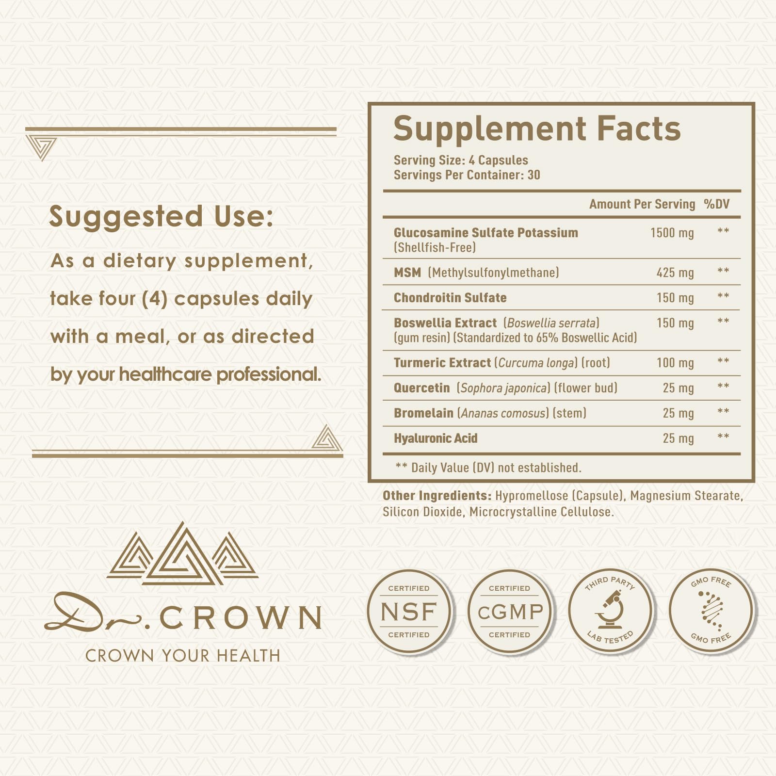 DR. CROWN Joints Health Suppplement, Glucosamine Chondroitin MSM - Joint Support Supplement for Women and Men with Turmeric, MSM &Boswellia, for Cartilage, Joint Health and Flexibility - 120 Capsules DR. CROWNBuy Supplements Australia