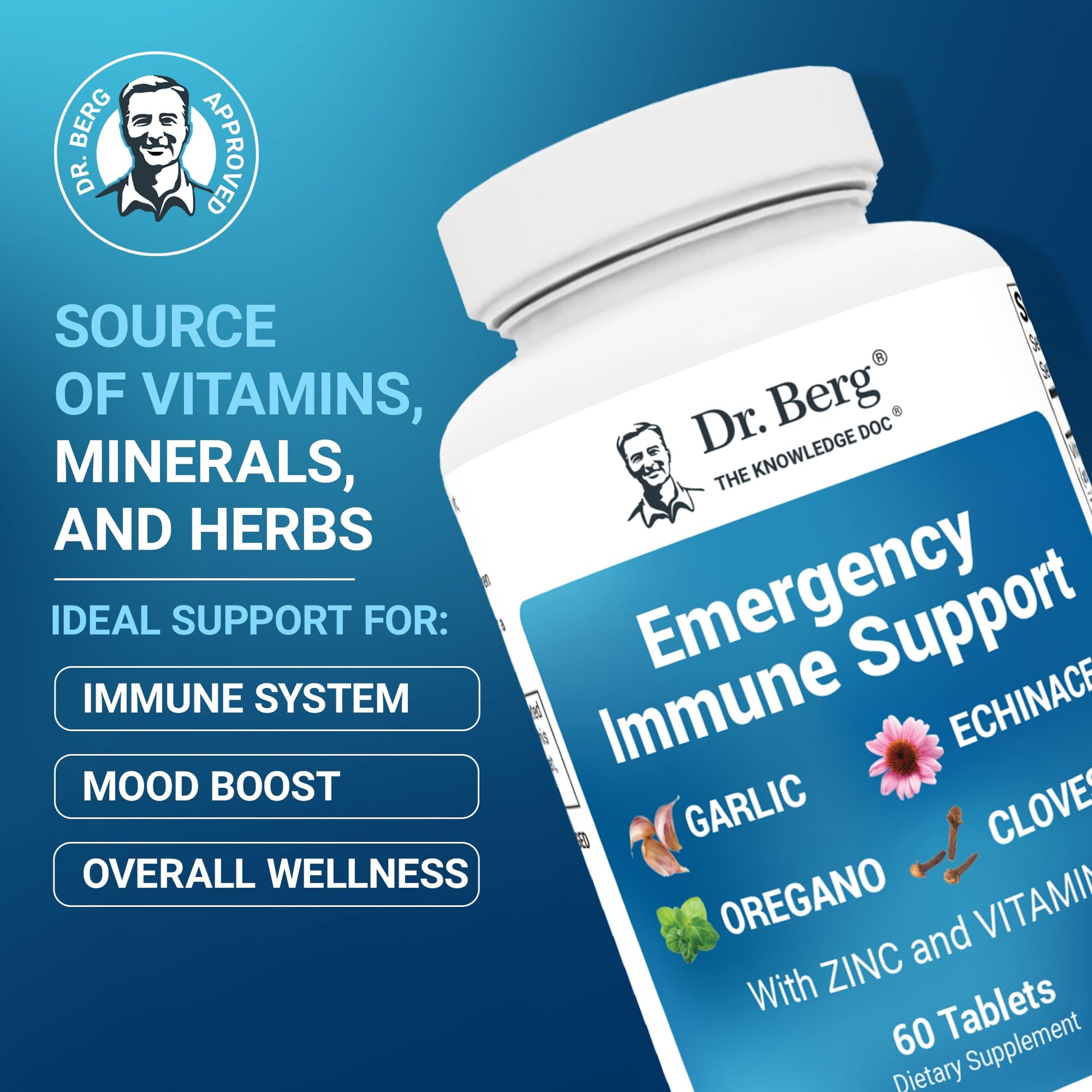 Dr. Berg Emergency Immune Support w/Echinacea - Potent Blend of Herbal Extracts (Warning: Strong Herbal Smells) - Immune Support Supplement Includes 2,000 IUs of Vitamin D & 10mg of Zinc - 60 Tablets Dr. Berg NutritionalsBuy Supplements Australia