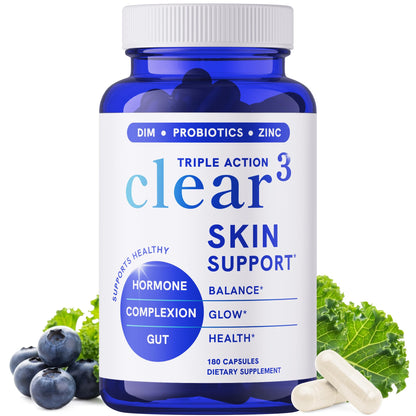 Clear Skin Supplement with Zinc, DIM & Probiotics | 3-in-1 Balance, Glow & Health Skin Support | Triple Action Hyaluronic Acid, Niaciminide & Vitamins for Hormone, Complexion & Gut Support | 180 Ct SMNutritionBuy Supplements Australia
