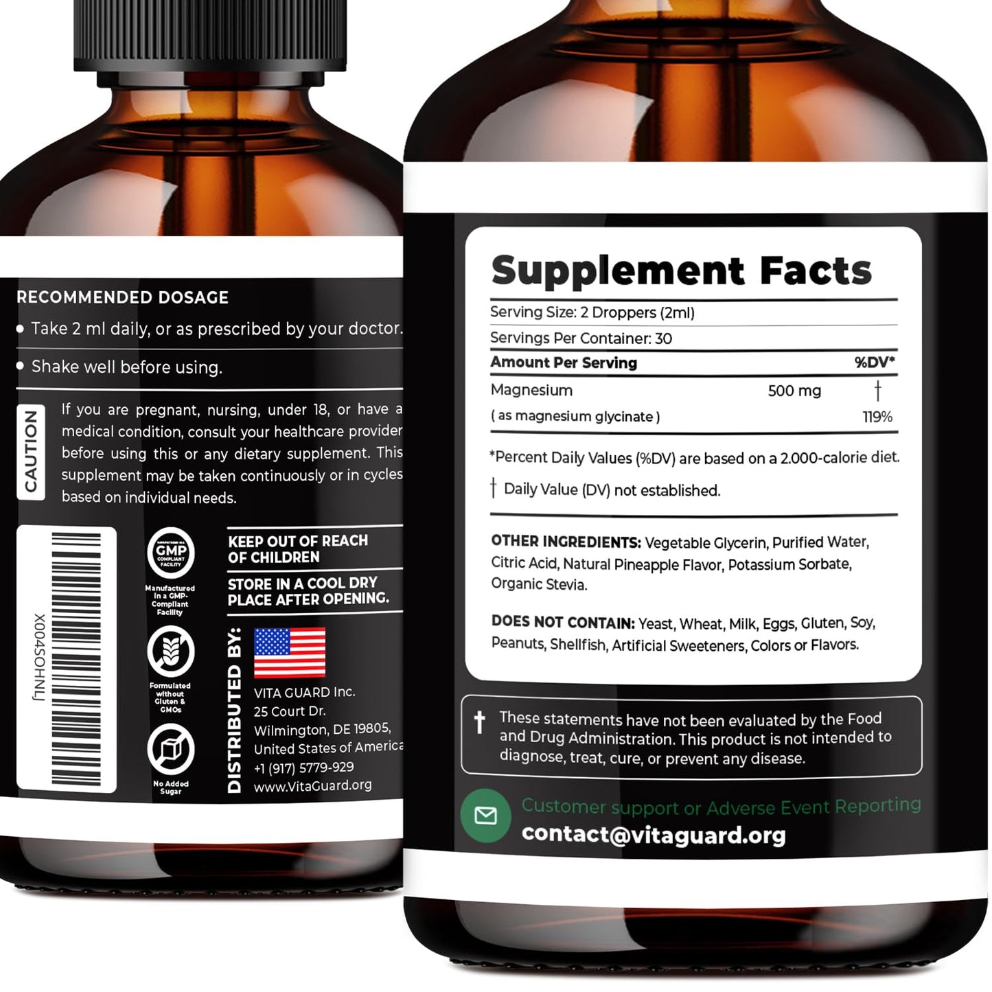 Magnesium Glycinate 500mg Liquid Drops – Sugar-Free Magnesium Supplement, Vegan Formula, 60 mL Flavor Pineapple Vita GuardBuy Supplements Australia