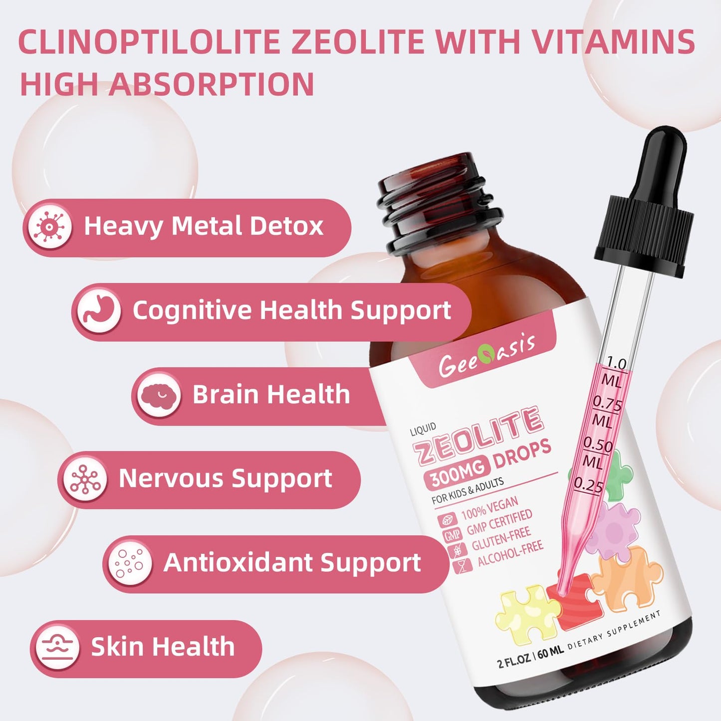 Geeoasis Zeolite Detox for Kids & Adults, 300 mg Zeolite Clinoptilolite Liquid with Vitamin B12 & D3, Vitamin C & Zinc Gluconate, Immune Support & Gut Health, Natural Strawberry Flavor, 2 Fl Oz GeeoasisBuy Supplements Australia