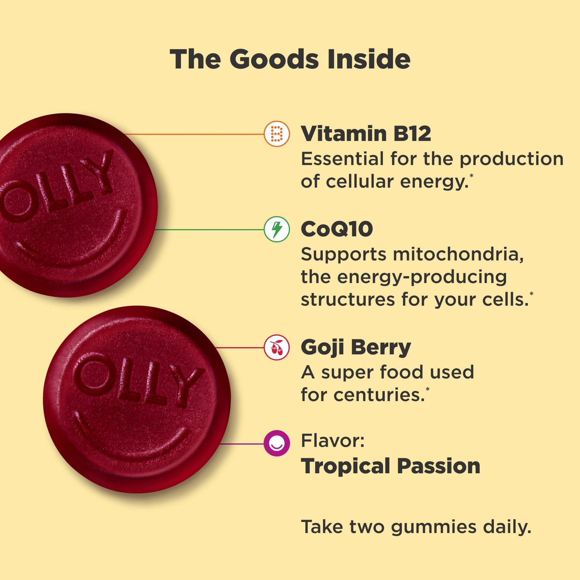 OLLY Daily Energy Gummy, Caffeine Free, Vitamin B12, CoQ10, Goji Berry, Adult Chewable Supplement & Hello Happy Gummy Worms, Mood Balance Support, Vitamin D, Saffron, Adult Chewable Supplement OLLYBuy Supplements Australia
