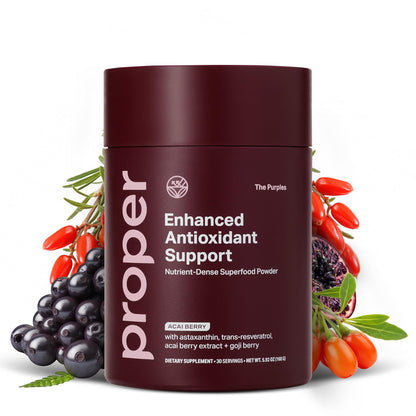 Proper, The Purples Nutrient-Dense Superfood Powder - Antioxidant Supplement and Cellular Support – Acai, Amla, Blueberry, Vitamin C, B Vitamins & More - Enhanced with Prebiotic Fiber & Probiotics ProperBuy Supplements Australia