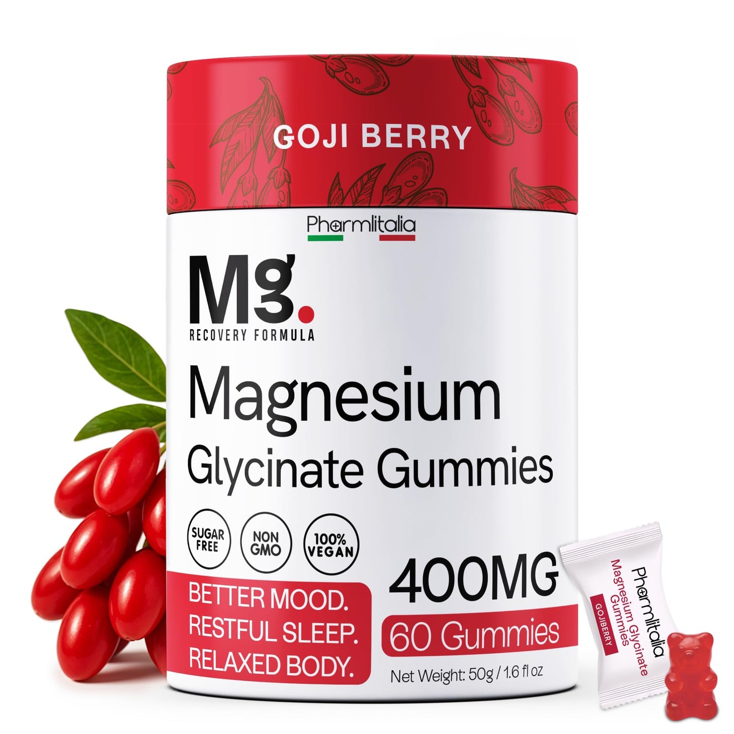 Magnesium Glycinate Gummies 400mg - Sleep Gummies for Kids & Adults - Magnesium Glycinate Chewable High Absorption for Muscle Recovery, Better Sleep & Relaxation (Gojiberry) PharmlitaliaBuy Supplements Australia