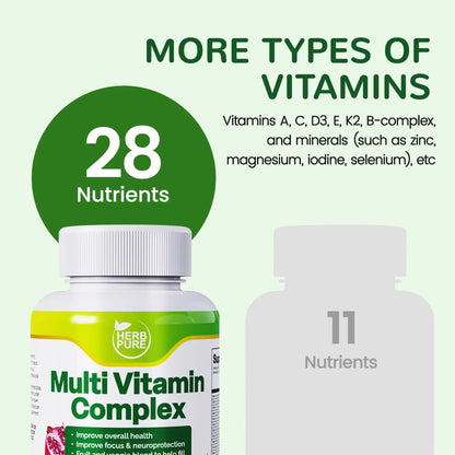 HERB PURE Multi Vitamin Complex Daily Multivitamin for Men and Women – 28 Essential Vitamins & Minerals with Active Vitamins, Superfood Blend, Alpha GPC HERB PURE