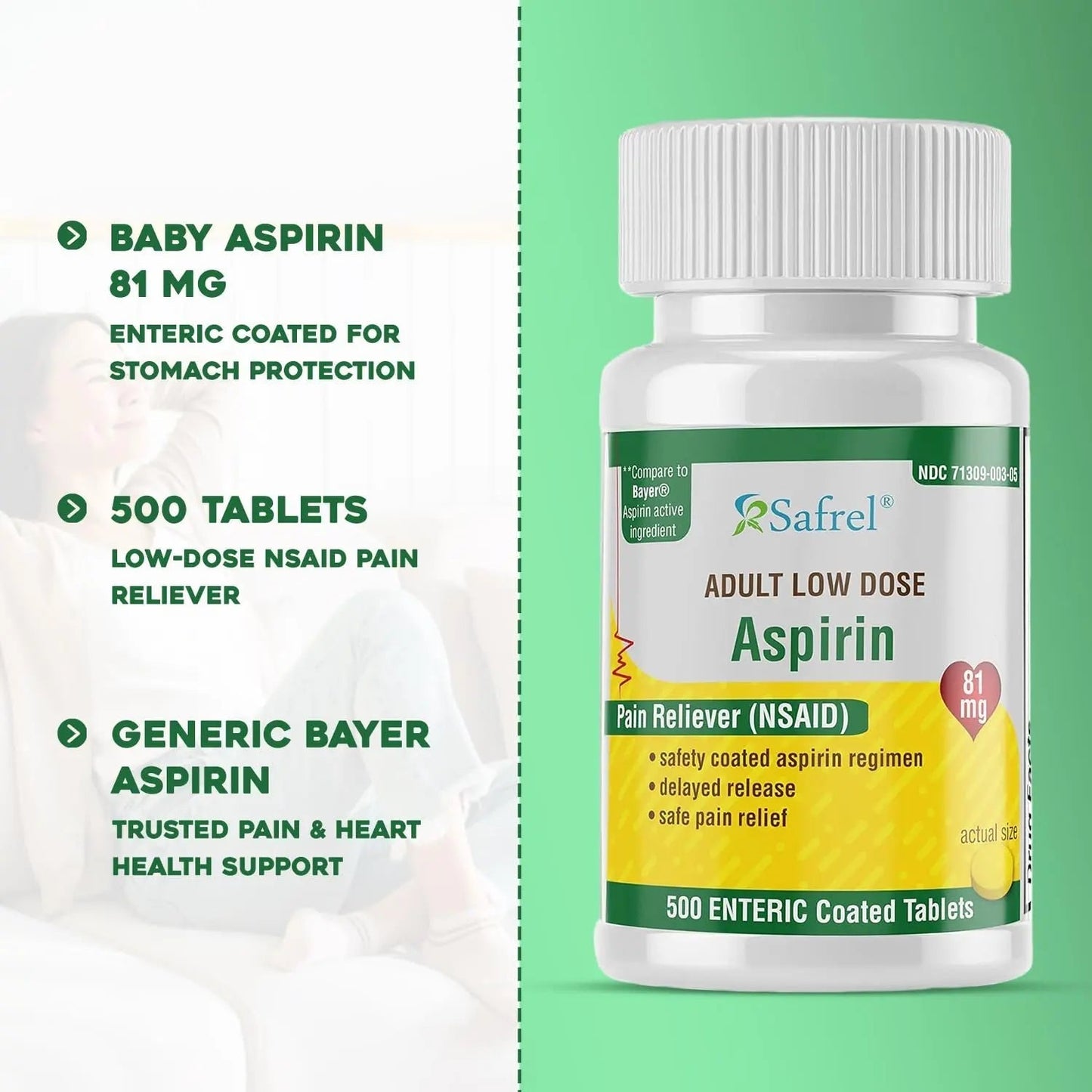 Safrel Generic Bayer Baby Aspirin 81 mg (500 Enteric Coated Tablets) | Adult Low Dose Strength Safe Pain Reliever (NSAID) for Minor Aches | Value Pack SafrelBuy Supplements Australia