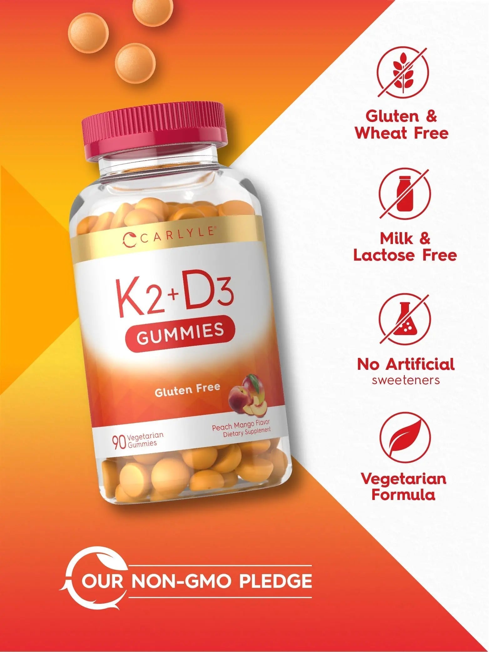 Carlyle Vitamin D3 K2 Gummies | 90 Count | 5,000 IU of D3 + 100 mcg MK7 | Peach Mango Flavor CarlyleBuy Supplements Australia