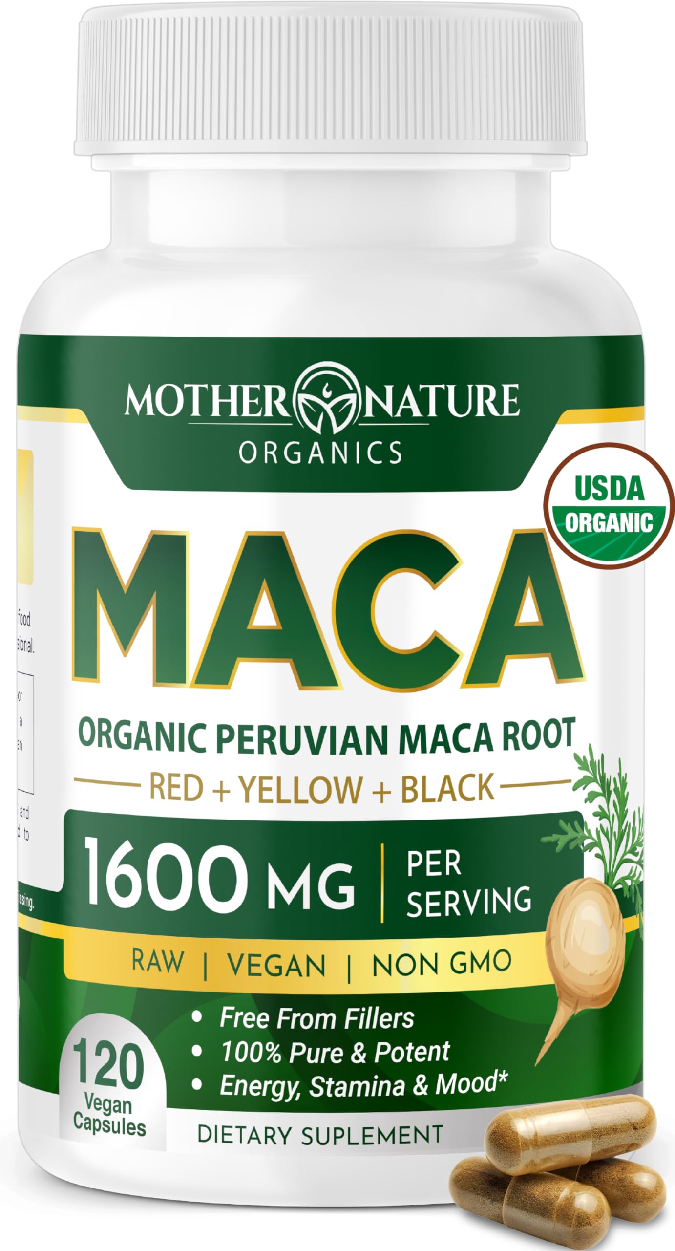 Mother Nature Organic Maca Root Capsules – 1600mg, 120 Vegan Capsules – Non GMO Peruvian Yellow, Red & Black Maca for Men & Women - Energy, Hormone, Brain & Weight Well-Being Mother Nature Organics Superfoods for Organic LivingBuy Supplements Australia