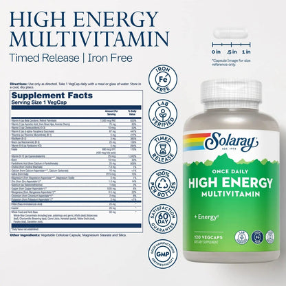SOLARAY High Energy Multivitamin, No Iron, 1/Day, Timed-Release Formula, Whole Food & Herb Base 120 VegCaps SOLARAYBuy Supplements Australia