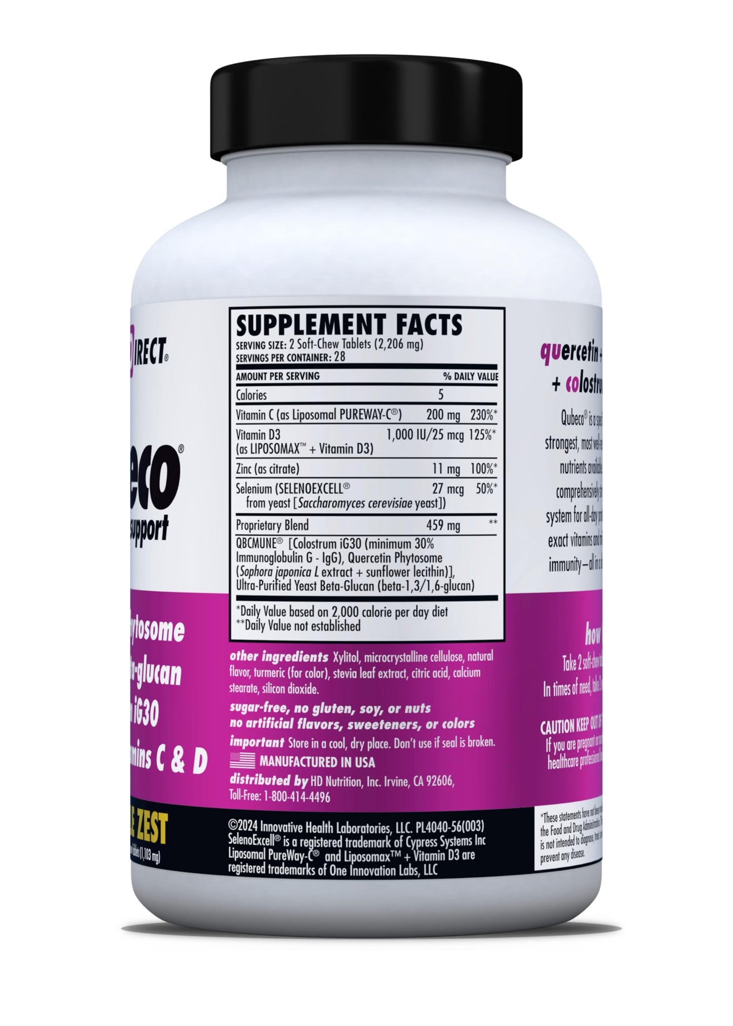HEALTH DIRECT - Qubeco Immune Support with Vitamin D3, Liposomal Vitamin C, Quercetin, Beta-Glucan, Colostrum, Zinc, Selenium - Clinical Strength – 56 Soft Chew Tabs - 28 Day Supply - Pineapple Zest HEALTH DIRECTBuy Supplements Australia