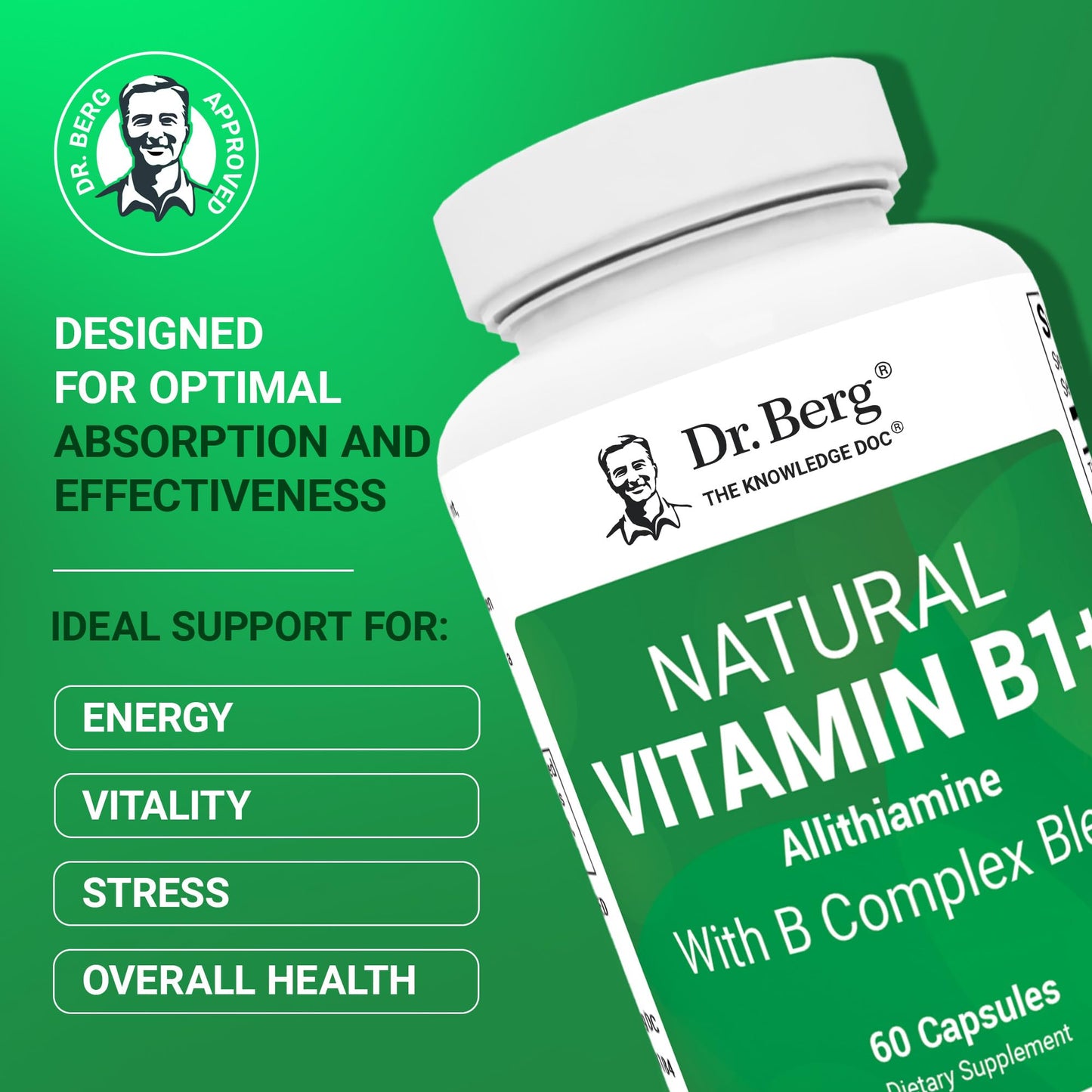 Dr. Berg Natural Vitamin B1 B6 B12 Complex - Allithiamine Vitamin B1 Supplement with 8 Essential Vitamin B Complex for Men & Women Including Thiamin, Niacin, Folate, Magnesium & More - 60 Capsules Dr. Berg NutritionalsBuy Supplements Australia