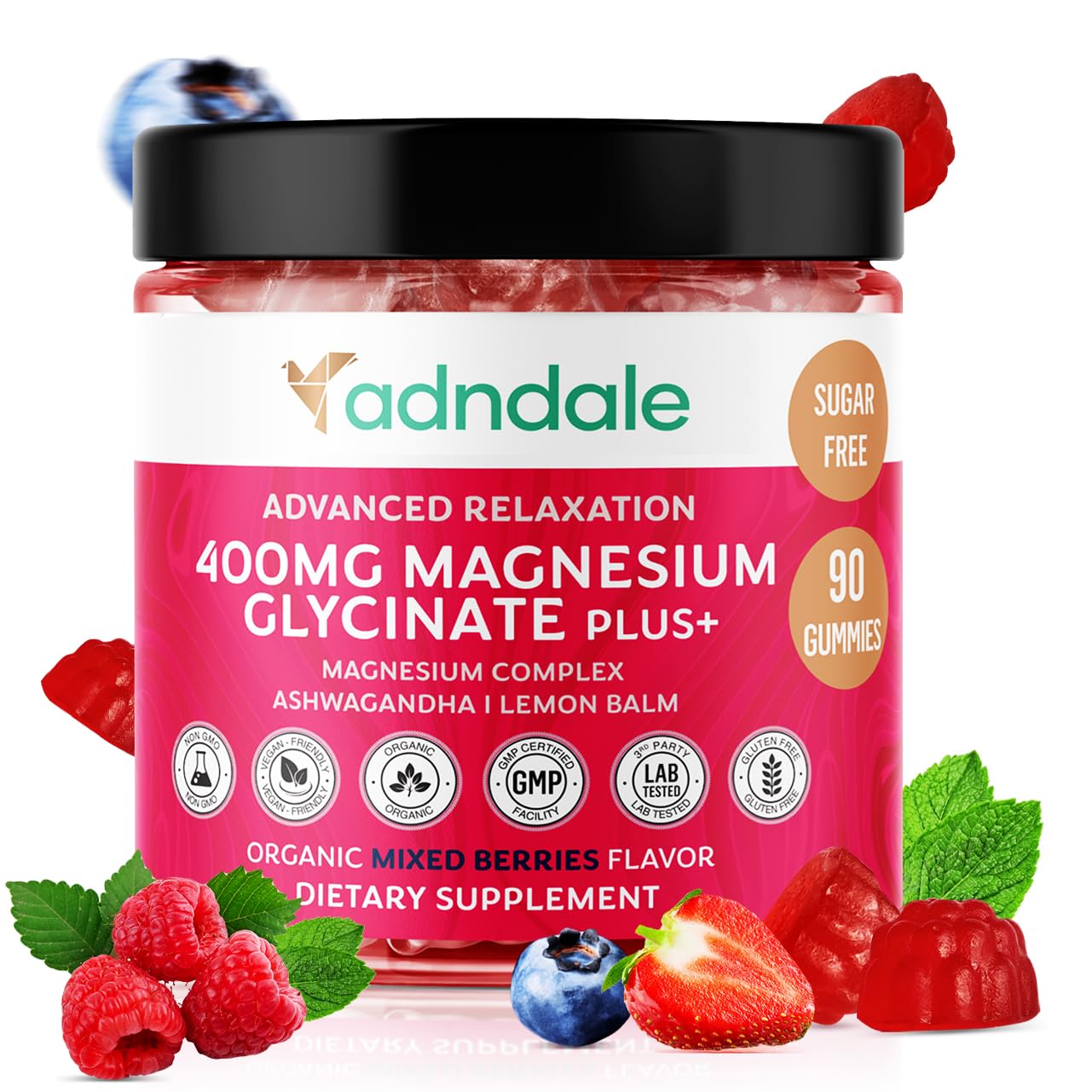Adndale 90 CT Magnesium Glycinate 400 mg Gummies with Ashwagandha, Magnesium Malate & Taurate, Sugar Free Magnesium Gummies