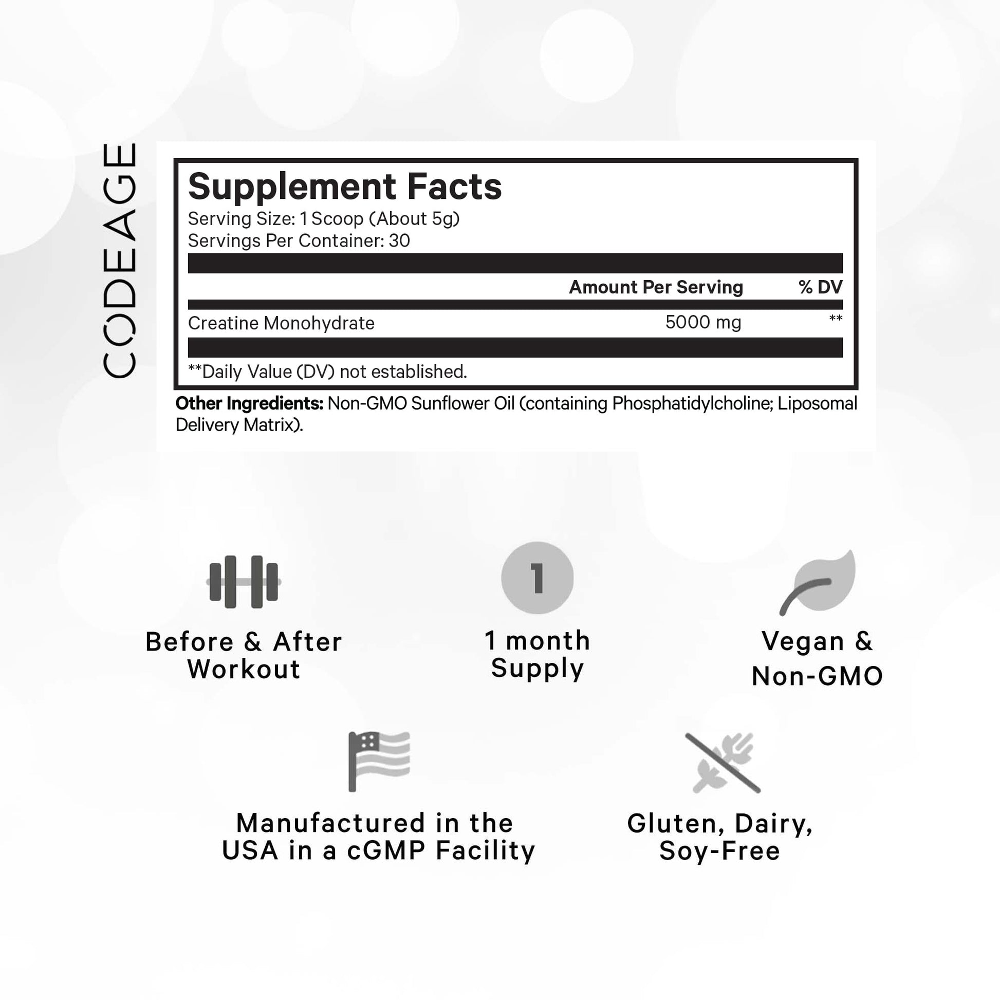Codeage Liposomal Creatine Powder Supplement, Pure Creatine Monohydrate 5000mg, Pre Workout & Post Workouts - Unflavored Creatine, Micronized Creatine Powder - Creatinine for Sports - 30 Servings CodeageBuy Supplements Australia