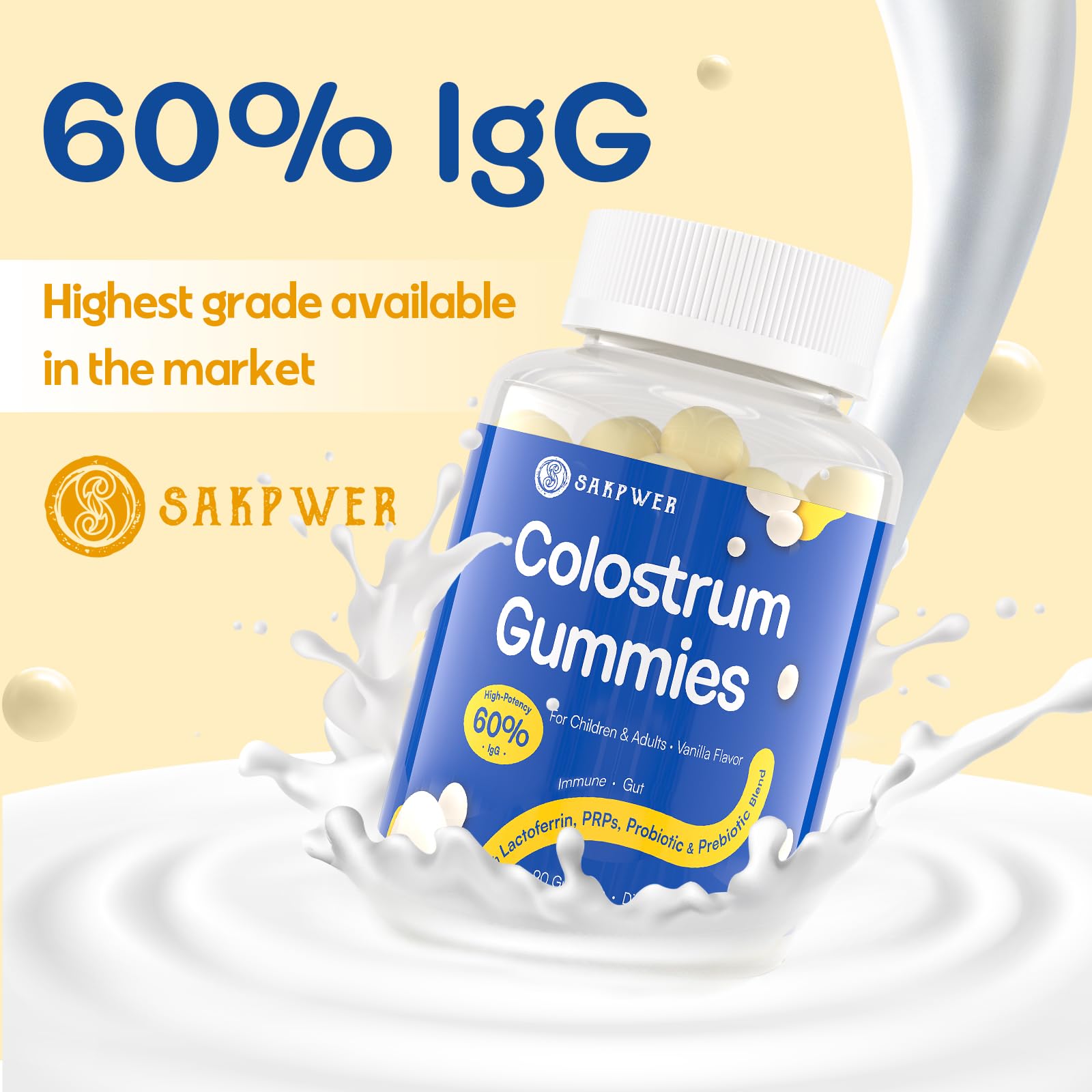 Sakpwer Bovine Colostrum Supplement Gummies - with 60% Highest IgG, Lactoferrin, Probiotics and Prebiotics for Adults and Kids, Vanilla Flavor & Sugar Free, 90 Gummies SakpwerBuy Supplements Australia