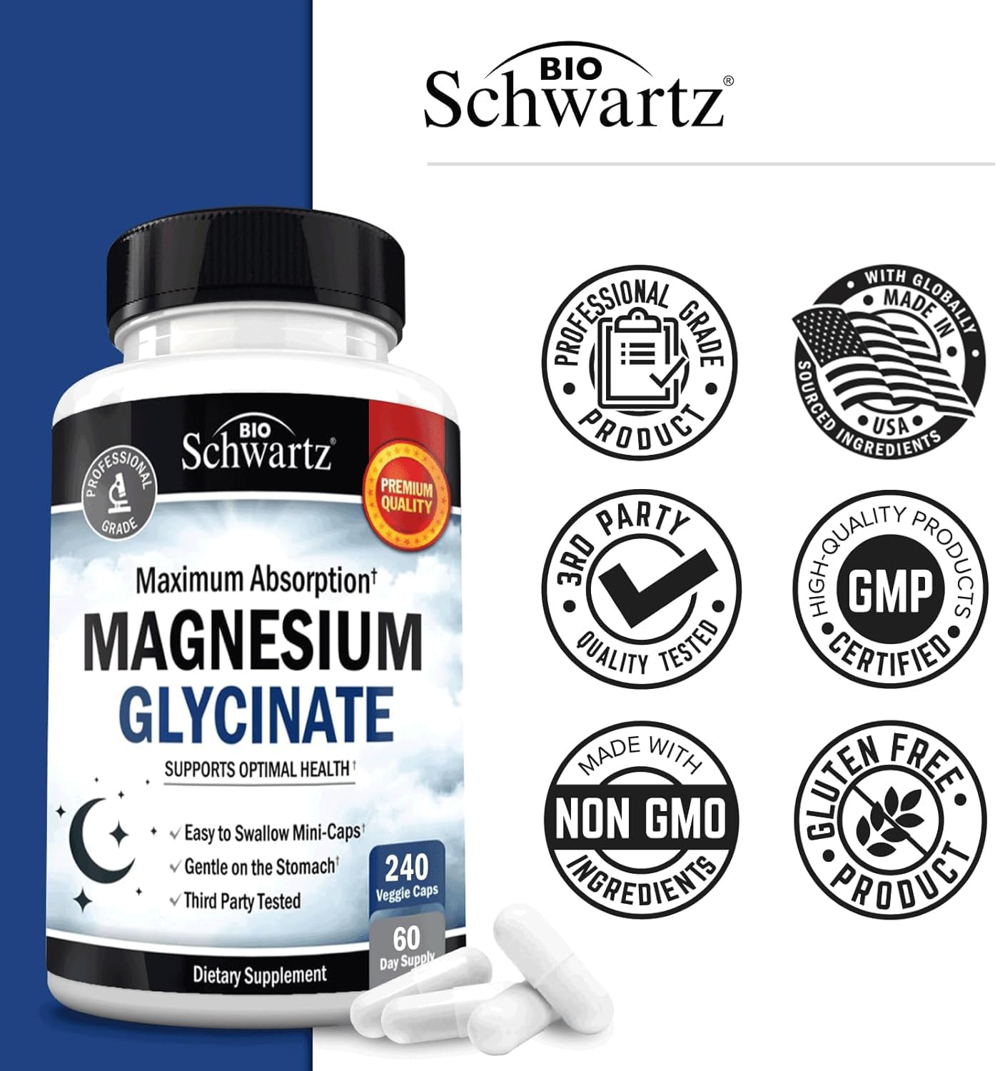 BioSchwartz Magnesium Glycinate 500mg Capsules (240 Mini Caps) Maximum Absorption Magnesium Supplement for Healthy Nerves Muscles Heart Mood and Sleep Support (Vegan, Gluten-Free, Non-GMO) BioSchwartzBuy Supplements Australia