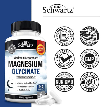 BioSchwartz Magnesium Glycinate 500mg Capsules (240 Mini Caps) Maximum Absorption Magnesium Supplement for Healthy Nerves Muscles Heart Mood and Sleep Support (Vegan, Gluten-Free, Non-GMO) BioSchwartzBuy Supplements Australia
