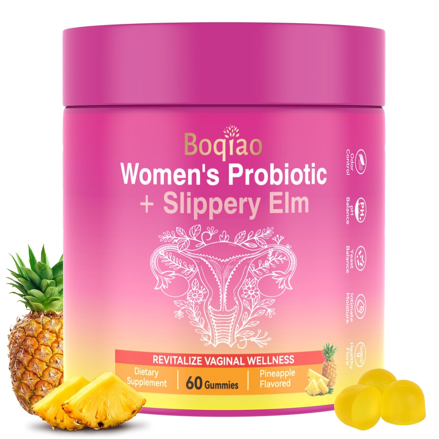 Feminine Probiotics Gummies with Slippery Elm - 60 Pineapple Gummies for Women ph Balance, Vaginal Probiotics Supports Flora, Gut Health & Immune System, Prebiotics & Lactobacillus Blend (Pineapple) BoqiaoBuy Supplements Australia