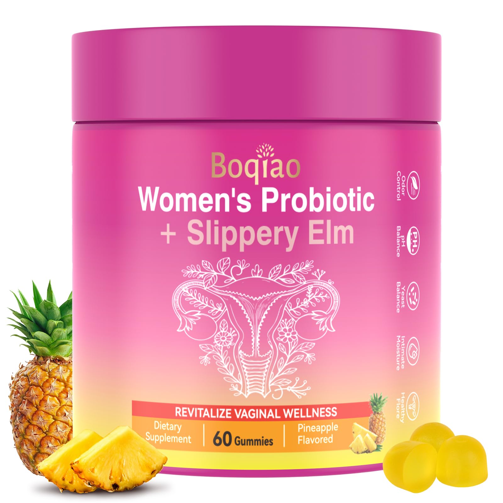 Feminine Probiotics Gummies with Slippery Elm - 60 Pineapple Gummies for Women ph Balance, Vaginal Probiotics Supports Flora, Gut Health & Immune System, Prebiotics & Lactobacillus Blend (Pineapple) BoqiaoBuy Supplements Australia