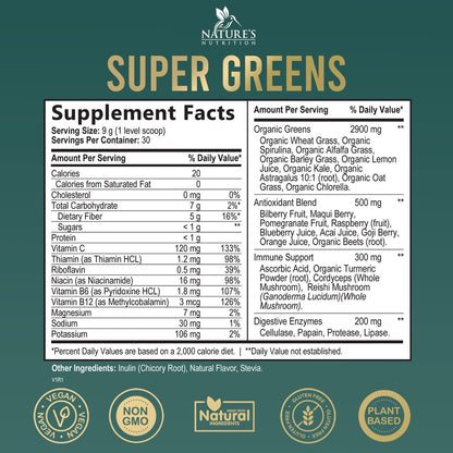 Greens Superfood Powder Supplement - Super Green Smoothie Mix Blend with Spirulina Nature's NutritionBuy Supplements Australia