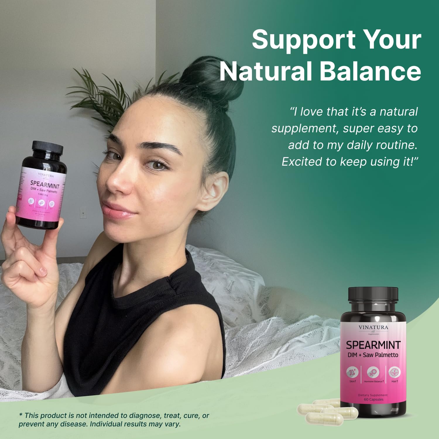 VINATURA Spearmint Leaf Capsules Supplement - Enhanced with DIM & Saw Palmetto, for Unwanted Hair, Women' Health & Skin *USA Made & Tested* - 1380mg/serving, 60 Capsules (30 Servings) VINATURABuy Supplements Australia