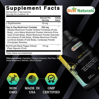 Best Naturals Day-to-Day L-Ergothioneine 25 mg with Maitake Mushrom, Lion's Mane Mushroom, Reishi Mushroom 90 Capsules Best NaturalsBuy Supplements Australia