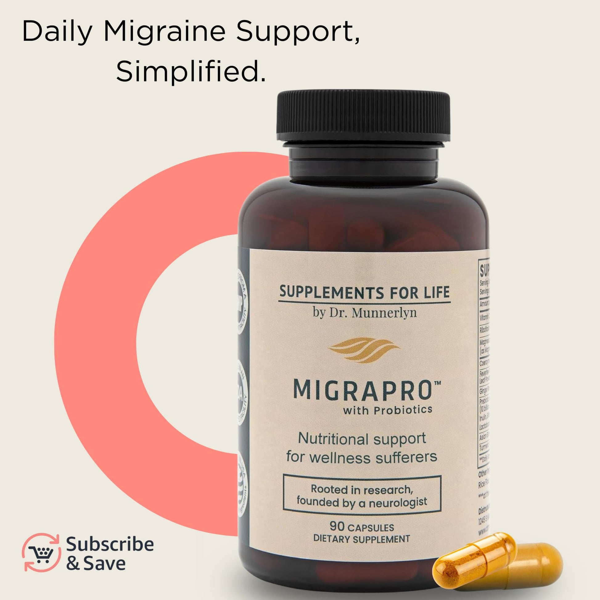 Dr. Munnerlyn MigraPro with Probiotics, Brain and Gut Health Support Supplement with Magnesium, Riboflavin, CoQ10, Ginger Root, Asian Ginseng, Vitamin C, Feverfew & Turmeric, Gluten Free, 90 Capsules Dr. MunnerlynBuy Supplements Australia