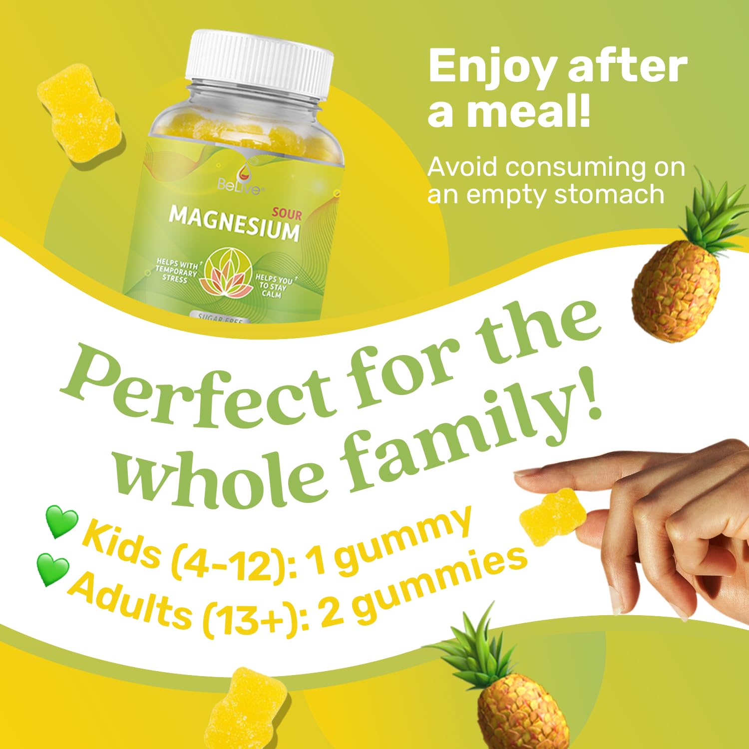 BeLive Magnesium Gummies 200mg - 60 Ct | Magnesium Glycinate Supplements for Relaxation, Stress Relief, and Sleep for Adults & Kids - Tasty and Tangy Pineapple Flavor BeLiveBuy Supplements Australia