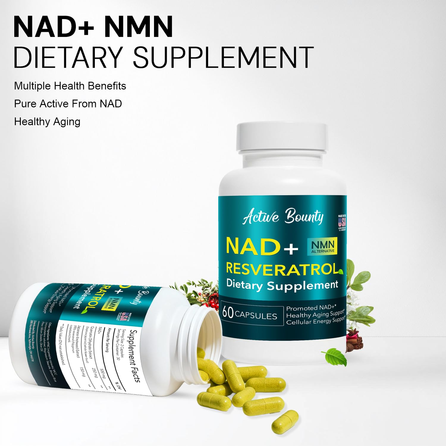 NAD+ Resveratrol Supplement with Quercetin – NMN Alternative for Cellular Energy Support, Focus & Healthy Aging – High Potency 500mg NAD+ Formula, Vegan, Non-GMO, Gluten-Free, Made in USA, 60 Capsules Active BountyBuy Supplements Australia