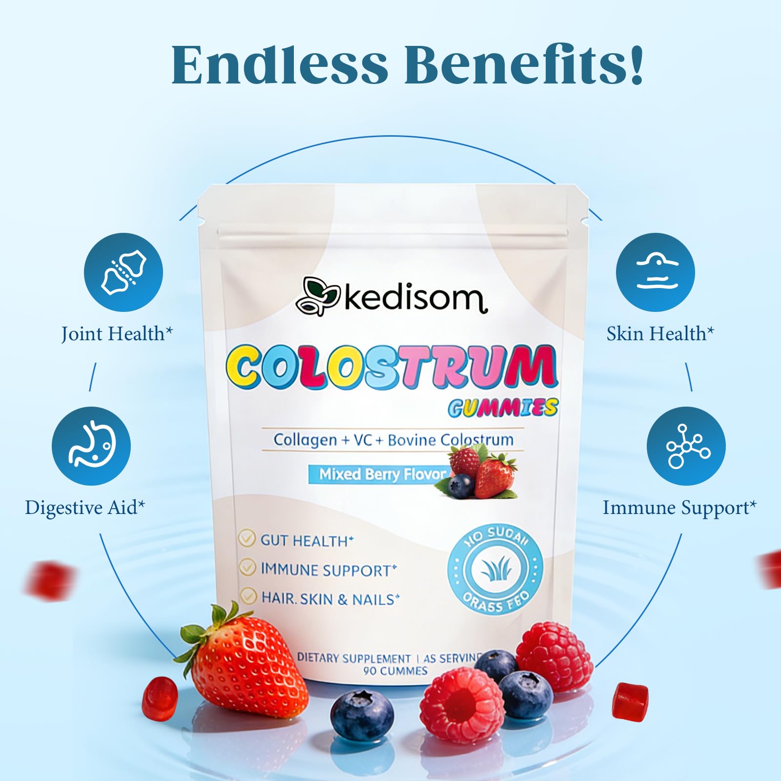 KEDISOM Colostrum Gummies, Grass Fed Colostrum Supplement, 90 Bovine Colostrum Gummies, 45 Servings, Mixed Berry, Sugar-Free KEDISOMBuy Supplements Australia