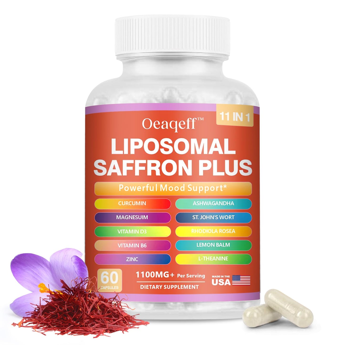 Oeaqeff Liposomal Saffron Supplements -11 in 1 100% Pure Saffron Extract 88.5 mg Maximum Absorption for Mood, Energy & Vision,Vegan, Non-GMO - 60 Vegan Capsules (1) OeaqeffBuy Supplements Australia