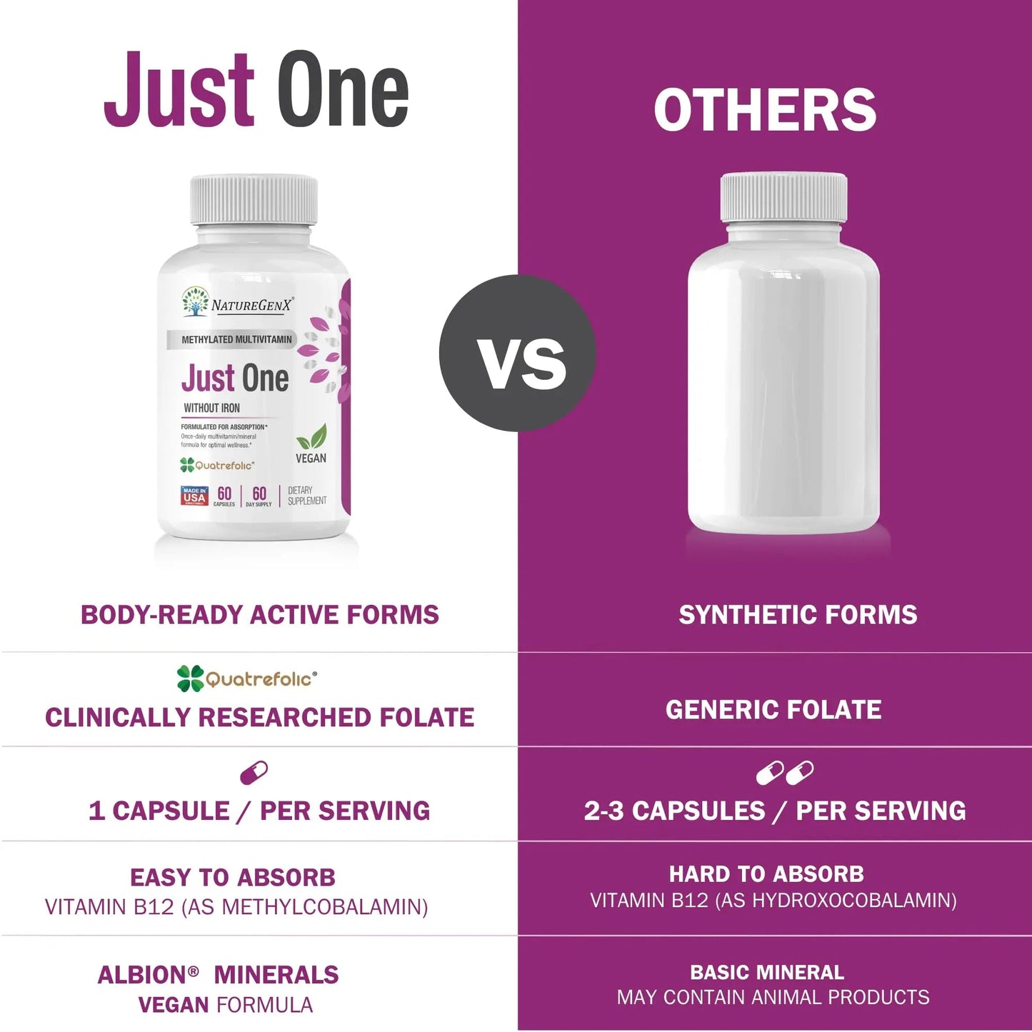 NatureGenX Just One Daily Methylated Multivitamin - 60 Caps Pure Methyl B12, Methylfolate MTHFR Support Supplement Iron Free Methylated Vitamins NatureGenXBuy Supplements Australia