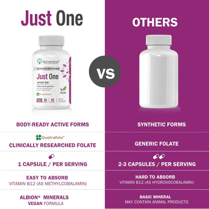 NatureGenX Just One Daily Methylated Multivitamin - 60 Caps Pure Methyl B12, Methylfolate MTHFR Support Supplement Iron Free Methylated Vitamins NatureGenXBuy Supplements Australia