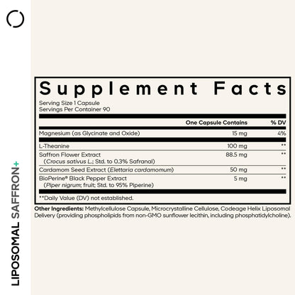 Codeage Liposomal Saffron+ Supplement - Saffron Extract, Magnesium, L-Theanine, Cardamom, BioPerine - 3-Month Supply - Kesar Spice, Liposomal Delivery - Non-GMO - 90 Capsules CodeageBuy Supplements Australia
