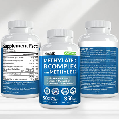 Methylated B Complex with Methylfolate and B12 Methylcobalamin 1000 mcg - Methylated Multivitamin for Energy, Brain Function, and Wellness - Vitamin B Complex for Men & Women