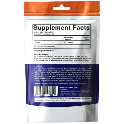 Vitamatic L-Serine Pure Powder 250 Gram | 2000 mg per Serving | 125 Servings | Unflavored | No Additives | Free of Soy, Eggs, Fish & Artificial Ingredients VitamaticBuy Supplements Australia