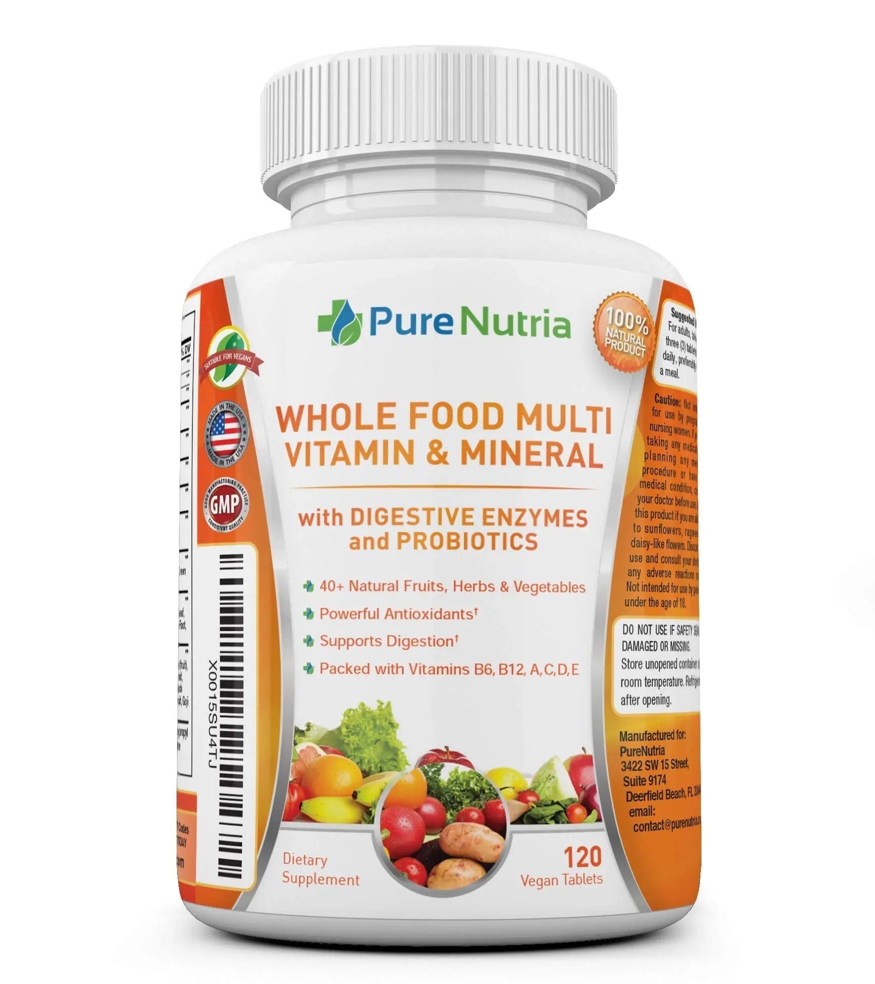 Whole Food MultiVitamin and Minerals with Probiotic Enzymes - 120 Multivitamins for Women and Men - Packed with WholeFood and Herbal Ingredients PureNutria