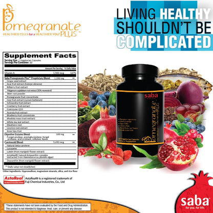 Saba Pomegranate Plus – Antioxidant Supplement with Astaxanthin & Adaptogens | Immune, Skin, Heart & Brain Support | Daily Stress & Cellular Wellness | 60 Capsules SabaBuy Supplements Australia
