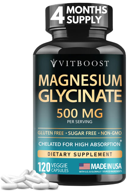 VITBOOST Magnesium Glycinate 500mg - High Absorption Chelated Supplement - Supports Sleep, Muscle Recovery & Heart Health - Non-GMO
