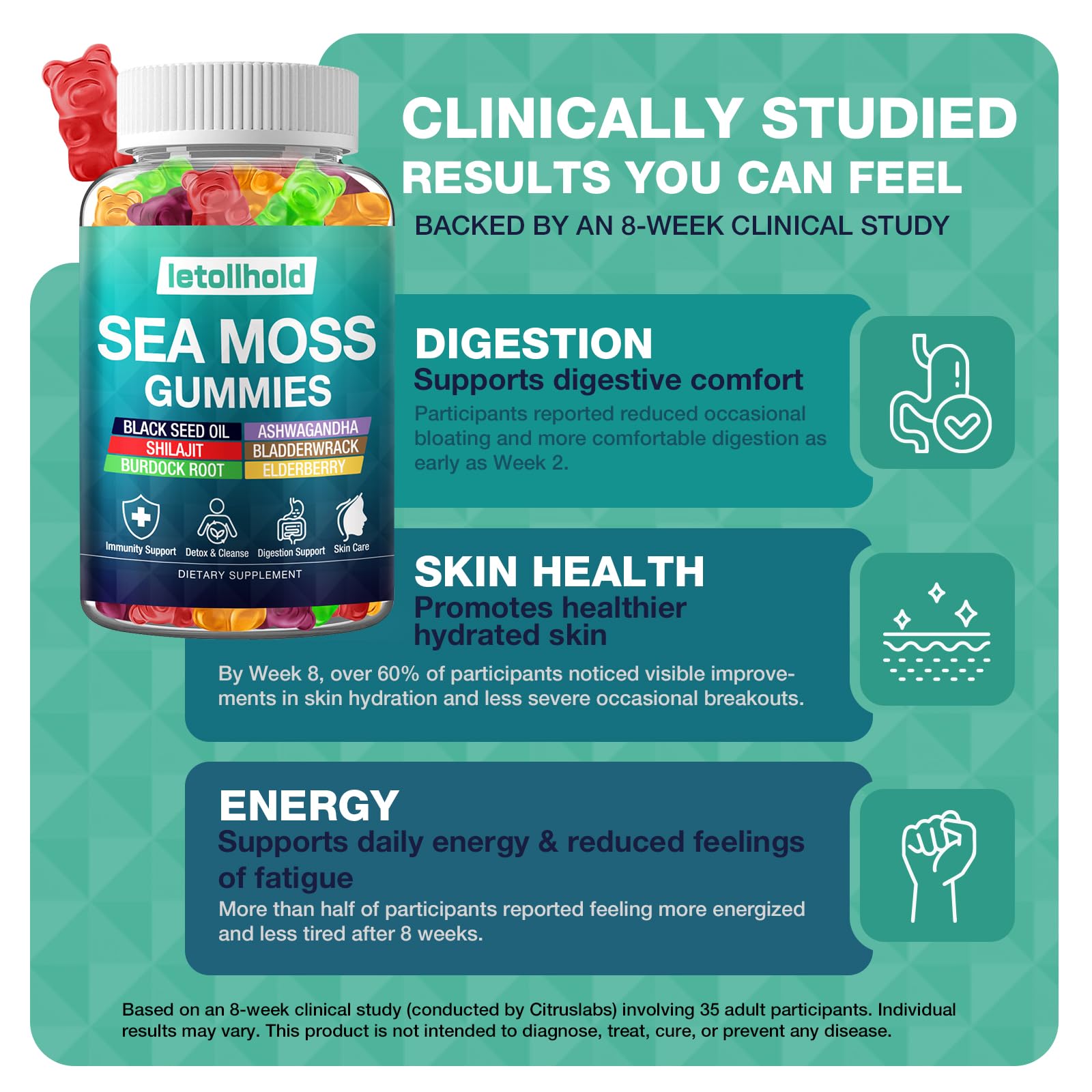 Sea Moss Gummies - Irish Sea Moss Gummies Advanced for Adults with Ashwagandha Bladderwrack & Burdock Root for Supports Immune，Energy - 60 Vegan Gummy,2PCS letollholdBuy Supplements Australia